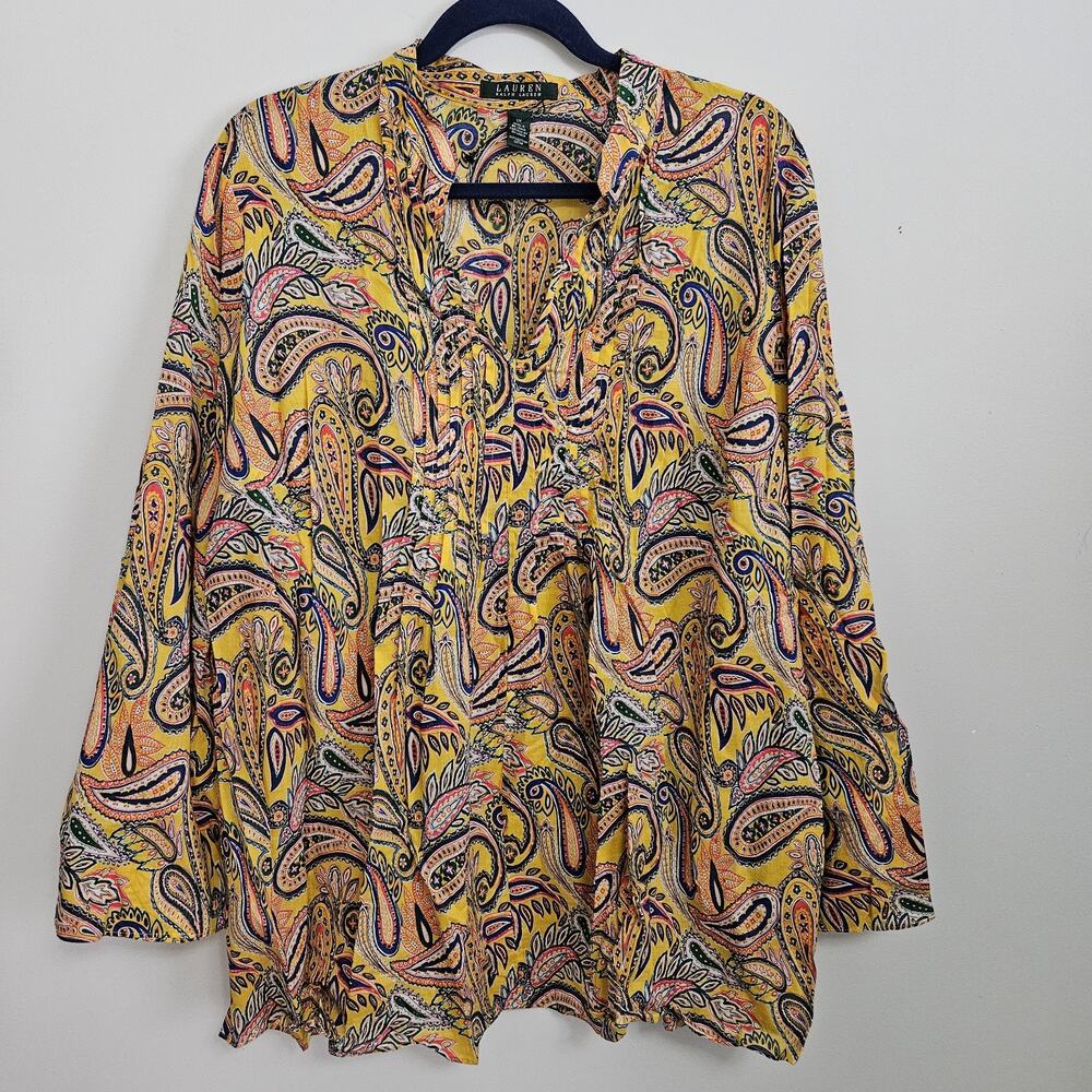 Lauren Ralph Lauren Women Blouse Shirt Size XL Gold Paisley Cotton Long Sleeve